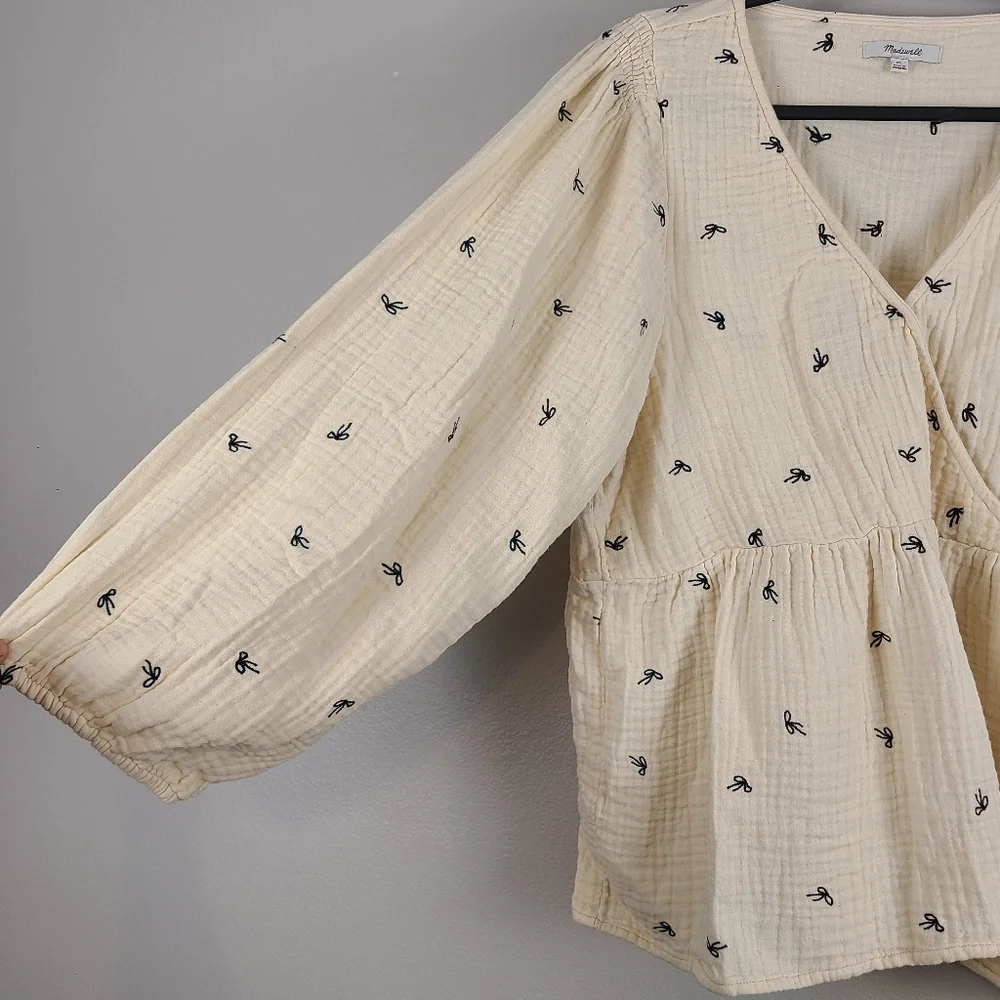 Madewell Cream Cotton Long Sleeve Bow Print Coquette Classic Peplum Top XL